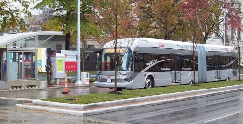 A bus stopped on the Healthline (Cleveland) photo via Wikipedia