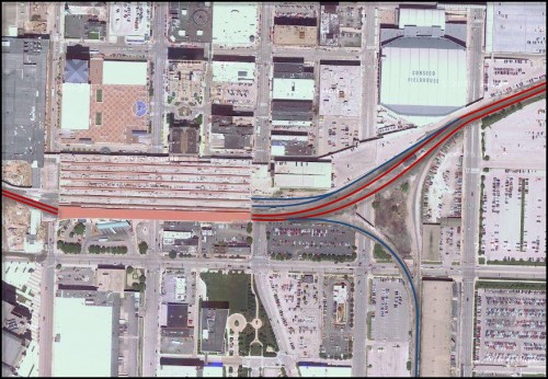 Red Lines: CSX, Blue Lines: Proposed Commuter Rail (SB line - L&I RR)