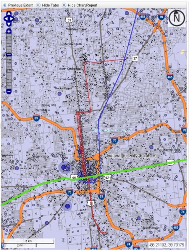 2008 Indianapolis Jobs (Possible LRT and commuter routes shown)