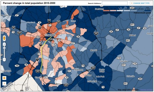 Charlotte 2010 Census gains/loses; transit line in yellow (click to enlarge)