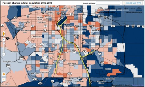 Denver 2010 Census gains/loses; transit line in yellow (click to enlarge)