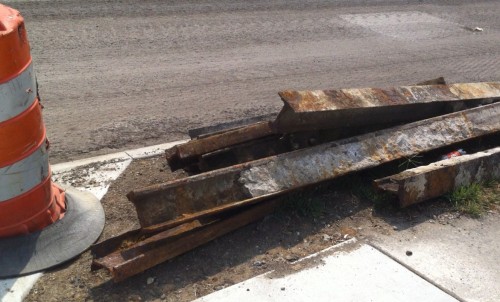 A pile of old streetcar tracks unearthed from Shelby Street (image credit: reader submission)