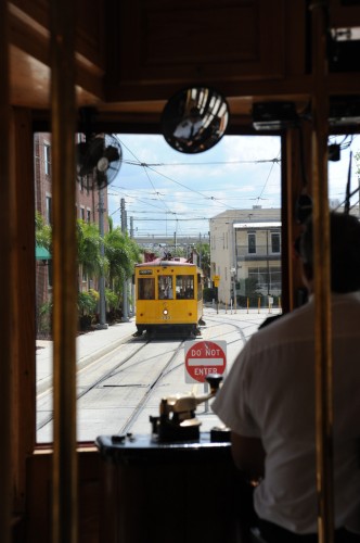 Streetcar operator waiting on another car to pass (image credit: Curt Ailes)