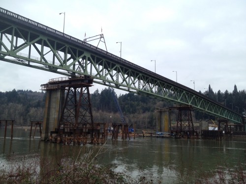The existing 2-lane bridge is being moved to allow construction of a new bridge (image H. Simmons)
